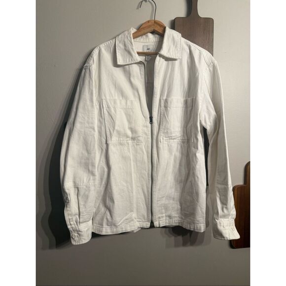 H&M White Cotton Relaxed Fit Collared Long Sleeve Full Zip Denim Jacket Small - Picture 1 of 5